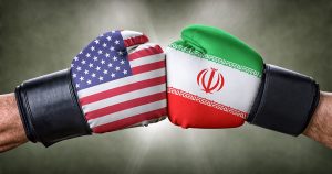 Boxing gloves with US and Iran flags